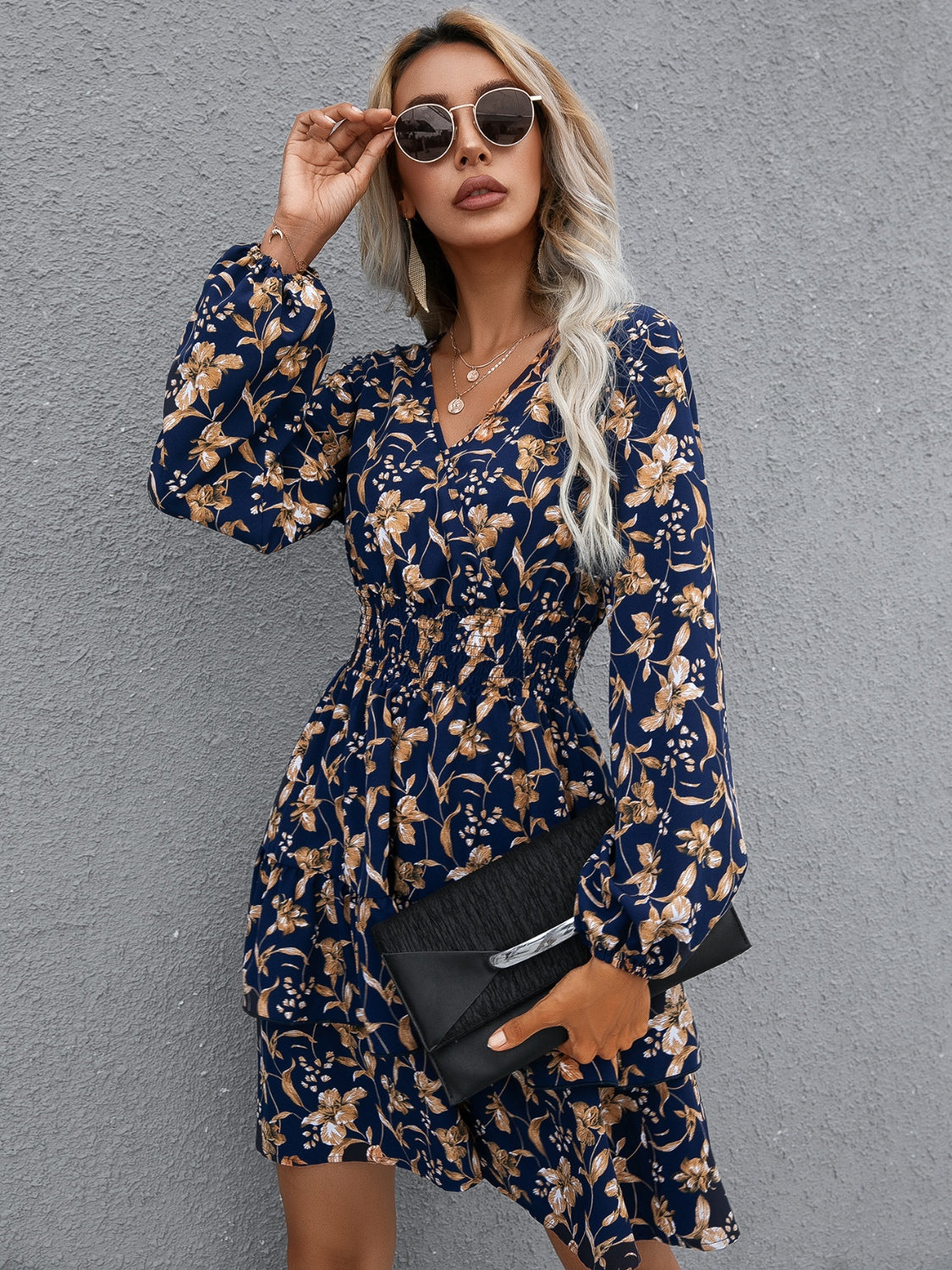Ivy Lane Floral Layered Surplice Balloon Sleeve Dress - Siennasass