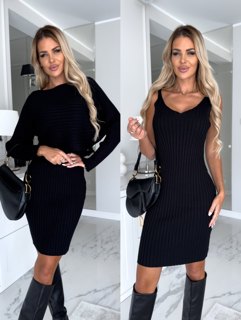 Ribbed Round Neck Top and Cami sweater Dress