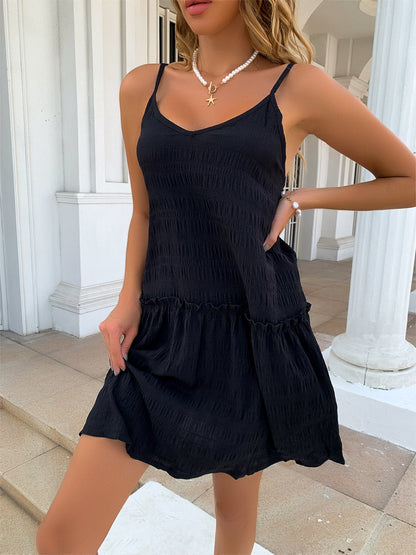 Ruffle Hem Textured V-Neck Cami Dress - Siennasass