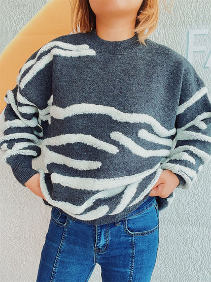 Contrast Round Neck Long Sleeve Sweater - Siennasass