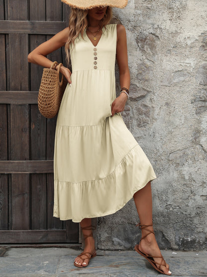 Decorative Button Notched Sleeveless Dress - Siennasass