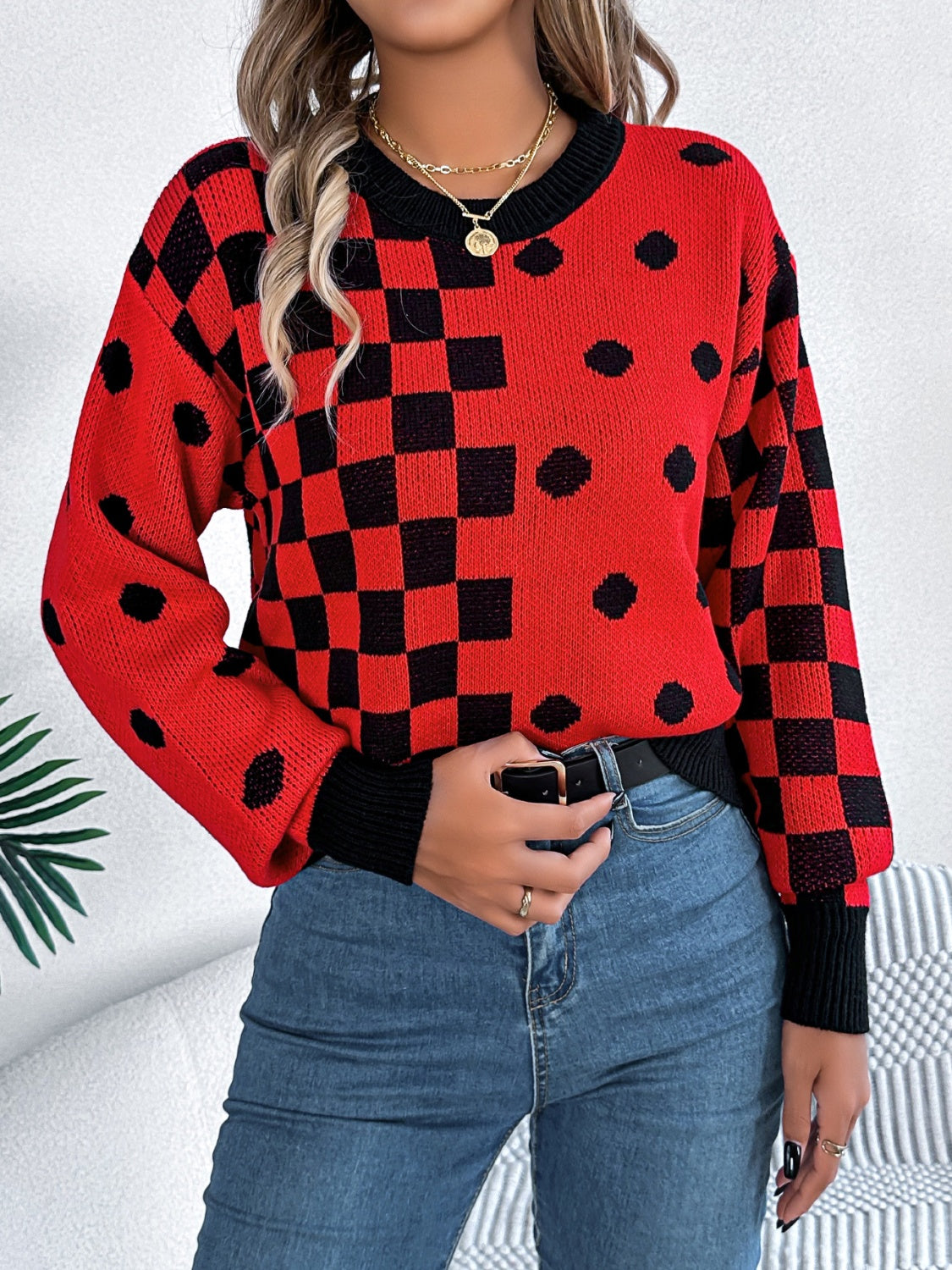 Plaid Round Neck Long Sleeve Sweater - Siennasass