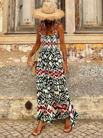 Smocked Printed Square Neck Sleeveless Dress - Siennasass
