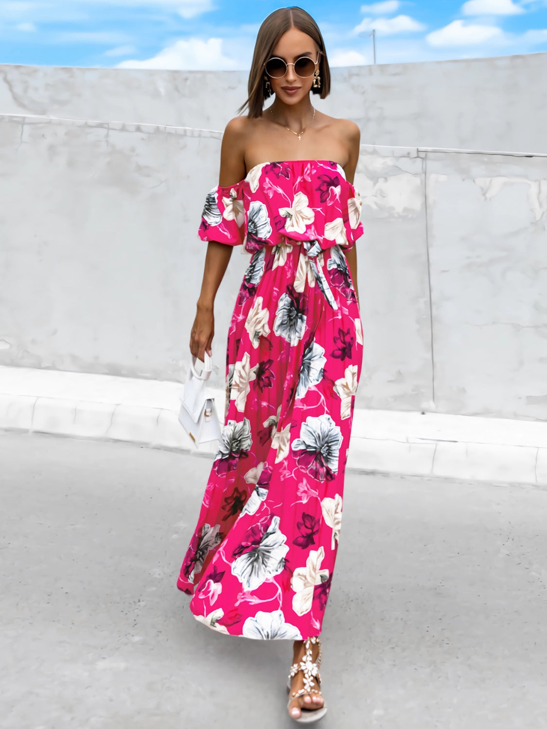 Pleated Floral Off-Shoulder Short Sleeve Midi Dress - Siennasass