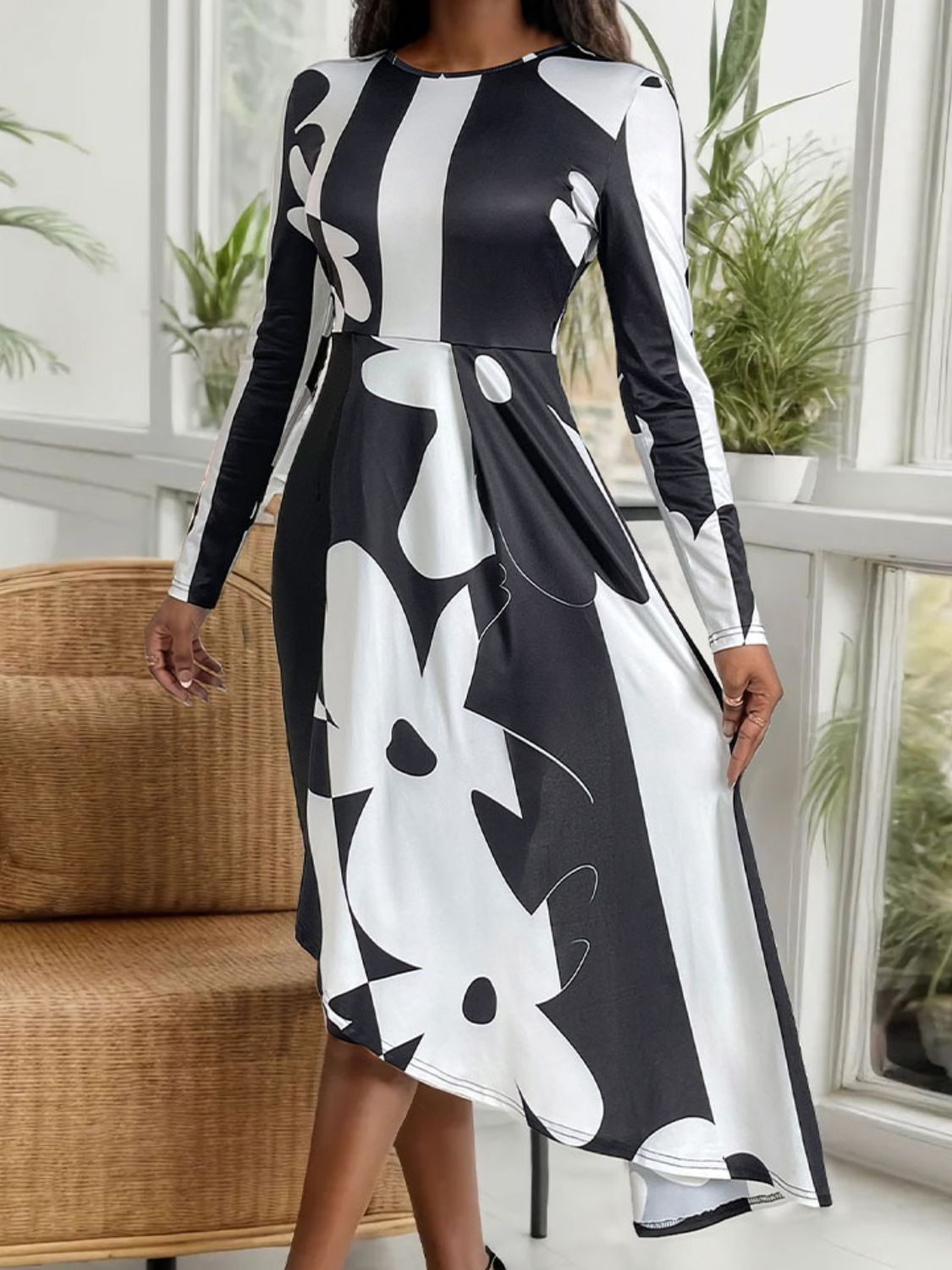 Asymmetrical Slit Round Neck Long Sleeve Midi Dress - Siennasass