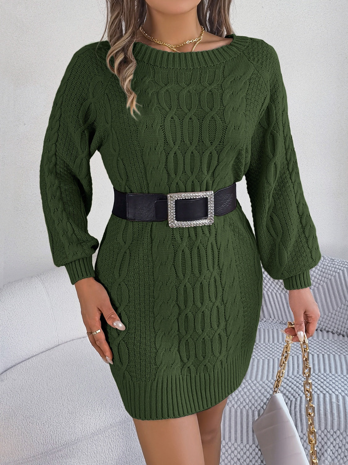 Cable-Knit Round Neck Sweater Dress - Siennasass