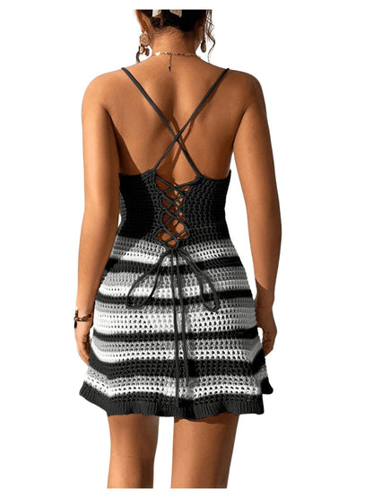 Cutout Striped Spaghetti Strap Cover Up Dress - Siennasass