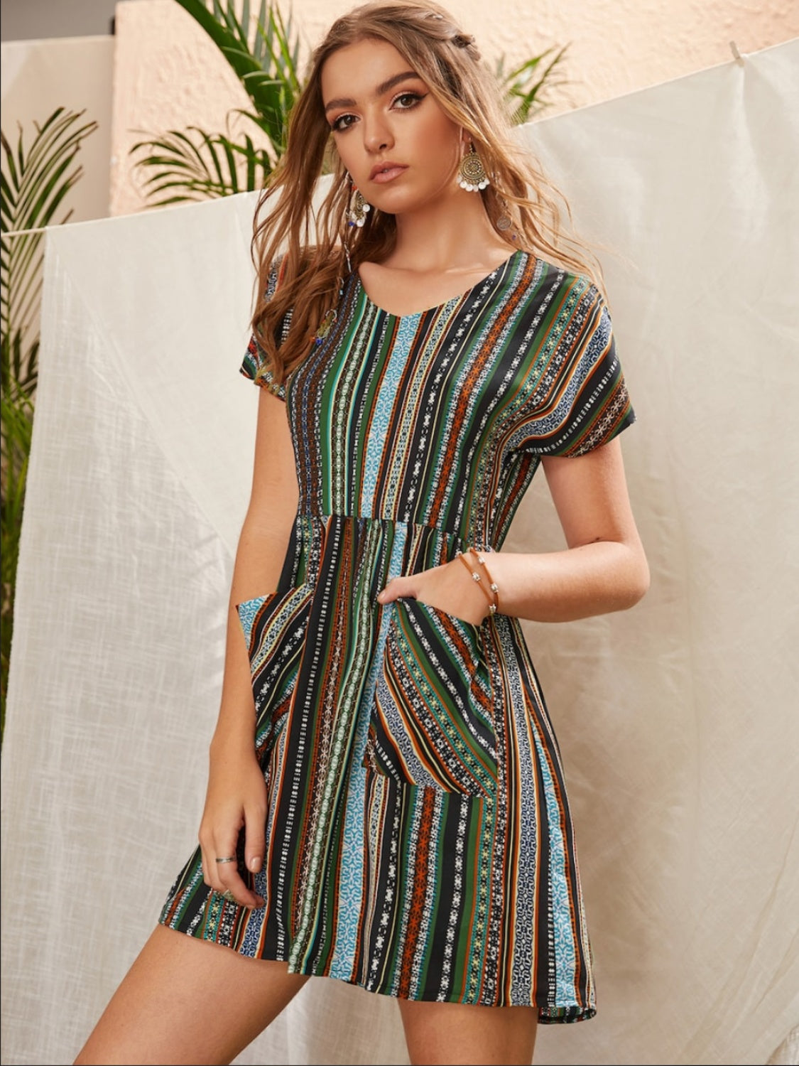 Pocketed Striped Short Sleeve Dress - Siennasass