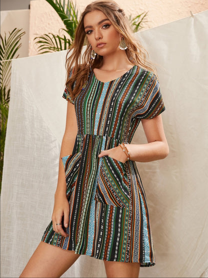 Pocketed Striped Short Sleeve Dress - Siennasass