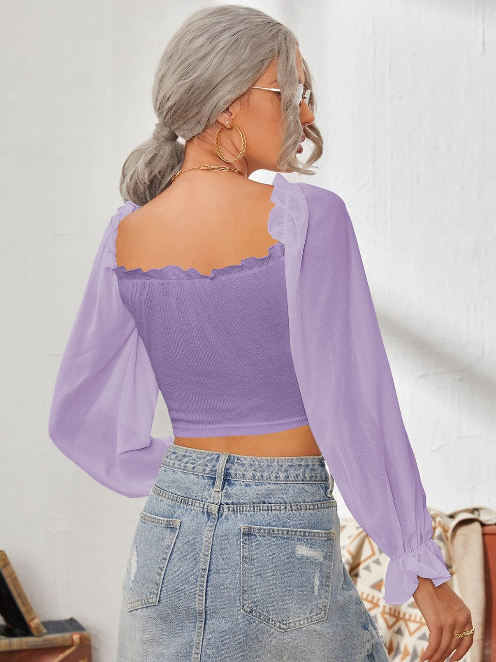 Mesh Sweetheart Neck Flounce Sleeve Top - Siennasass