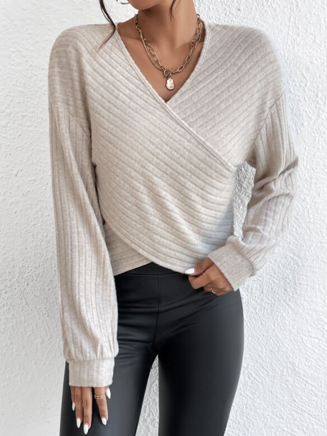 Surplice Dropped Shoulder Long Sleeve T-Shirt - Siennasass