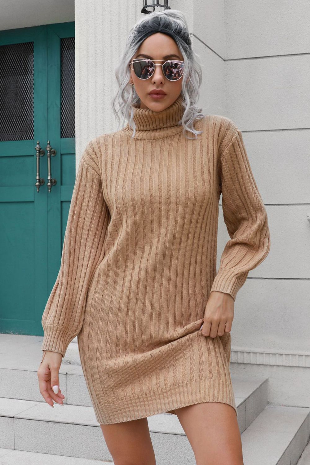 Ribbed Turtle Neck Long Sleeve Mini Sweater Dress - Siennasass