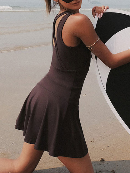 V-Neck Wide Strap Active Dress with Unitard Liner - Siennasass