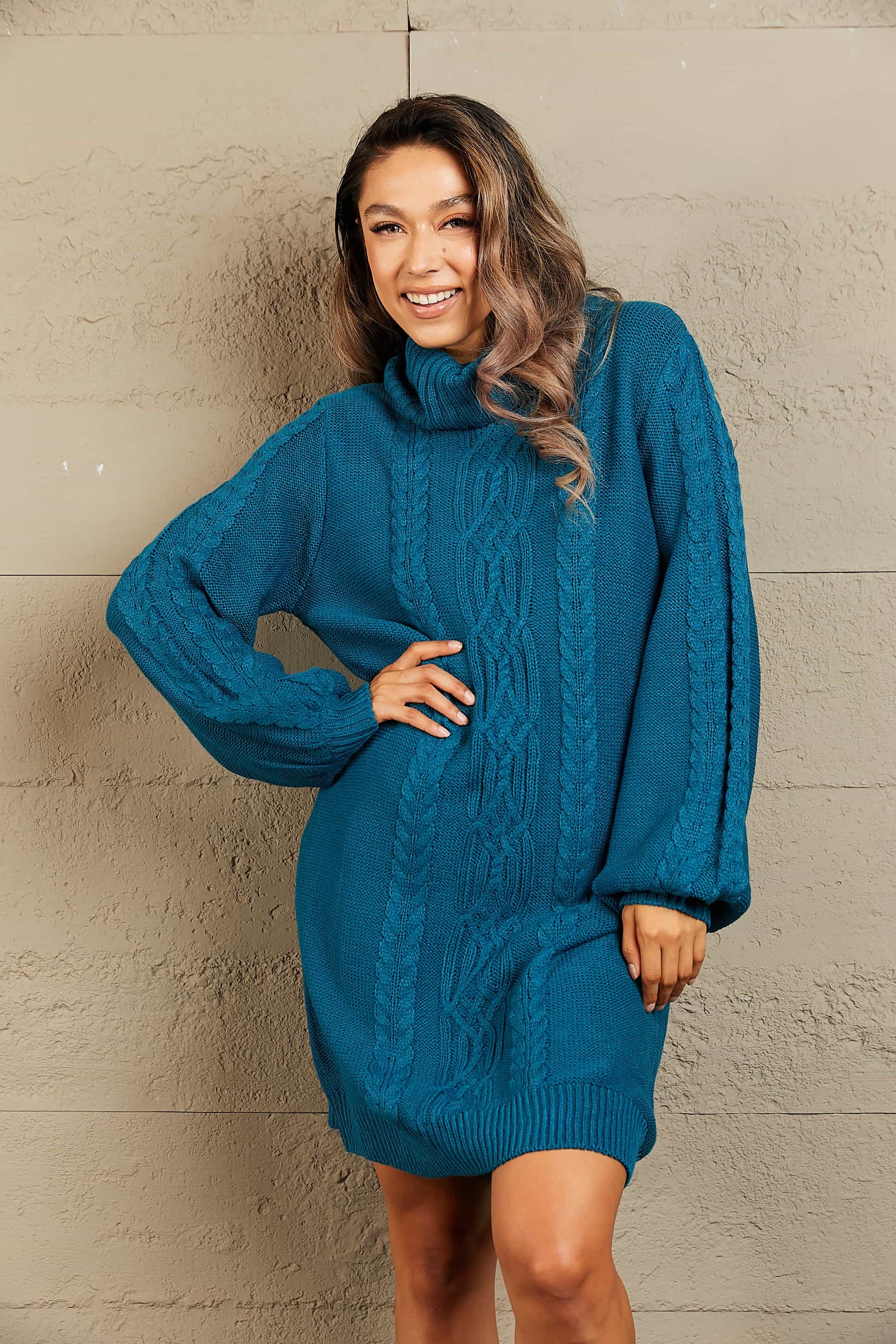 Woven Right Mixed Knit Turtleneck Lantern Sleeve Sweater Dress - Siennasass