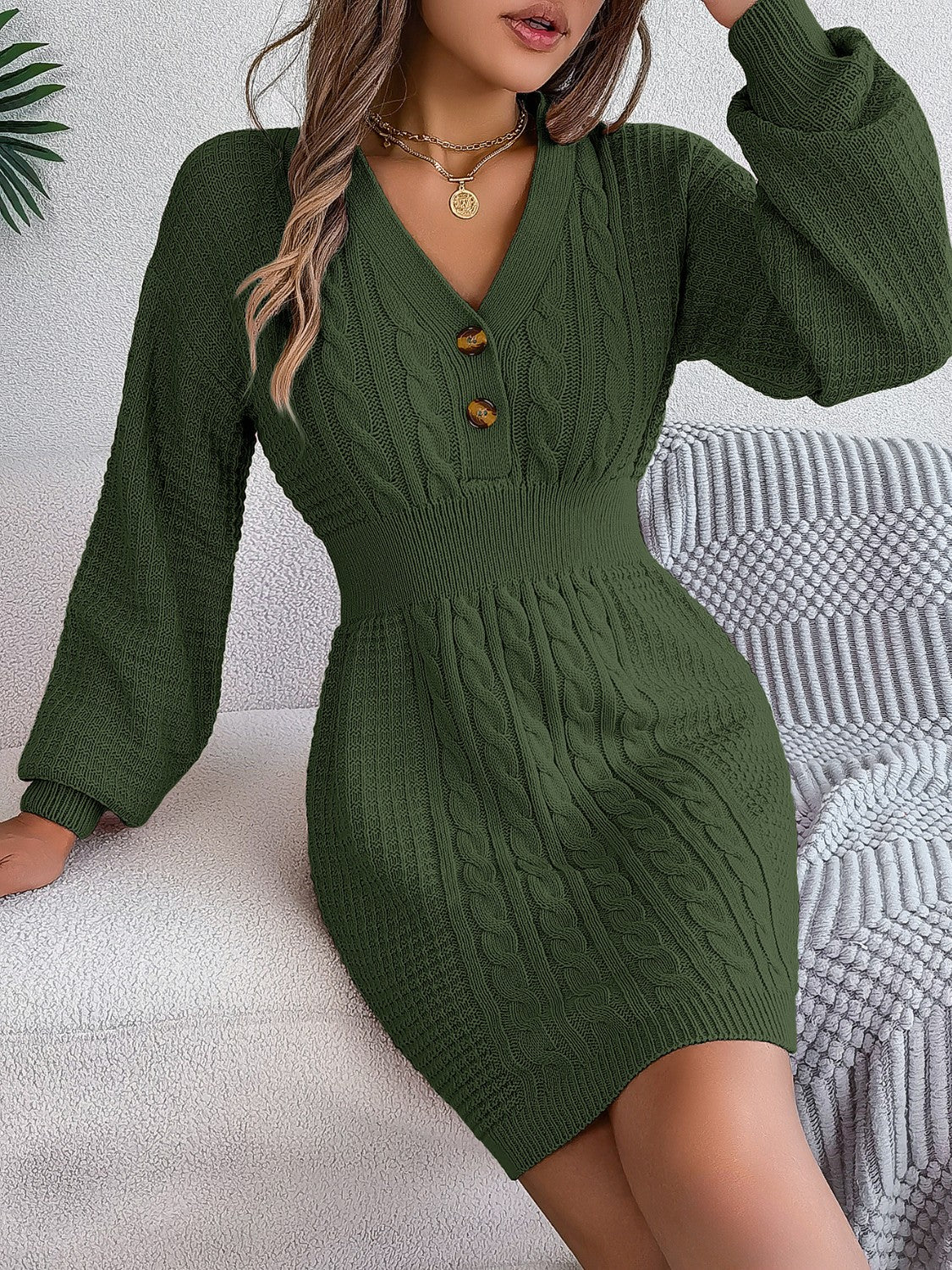 Buttoned Cable-Knit V-Neck Sweater Dress - Siennasass
