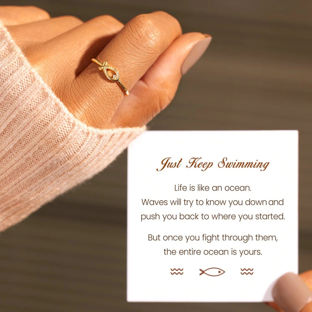 925 Sterling Silver Inlaid Zircon Fish Ring - Siennasass