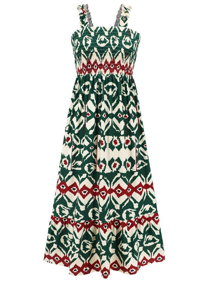 Smocked Printed Square Neck Sleeveless Dress - Siennasass