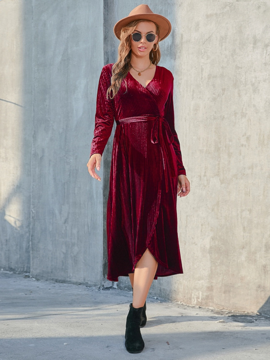 Tie Front Long Sleeve Slit Dress - Siennasass