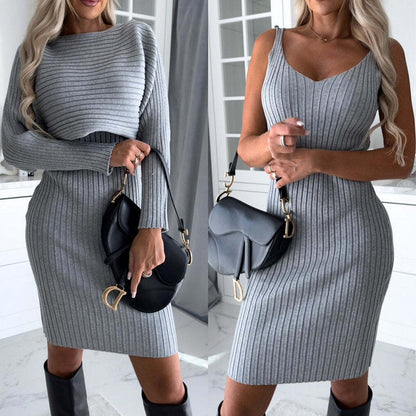 Ribbed Round Neck Top and Cami sweater Dress