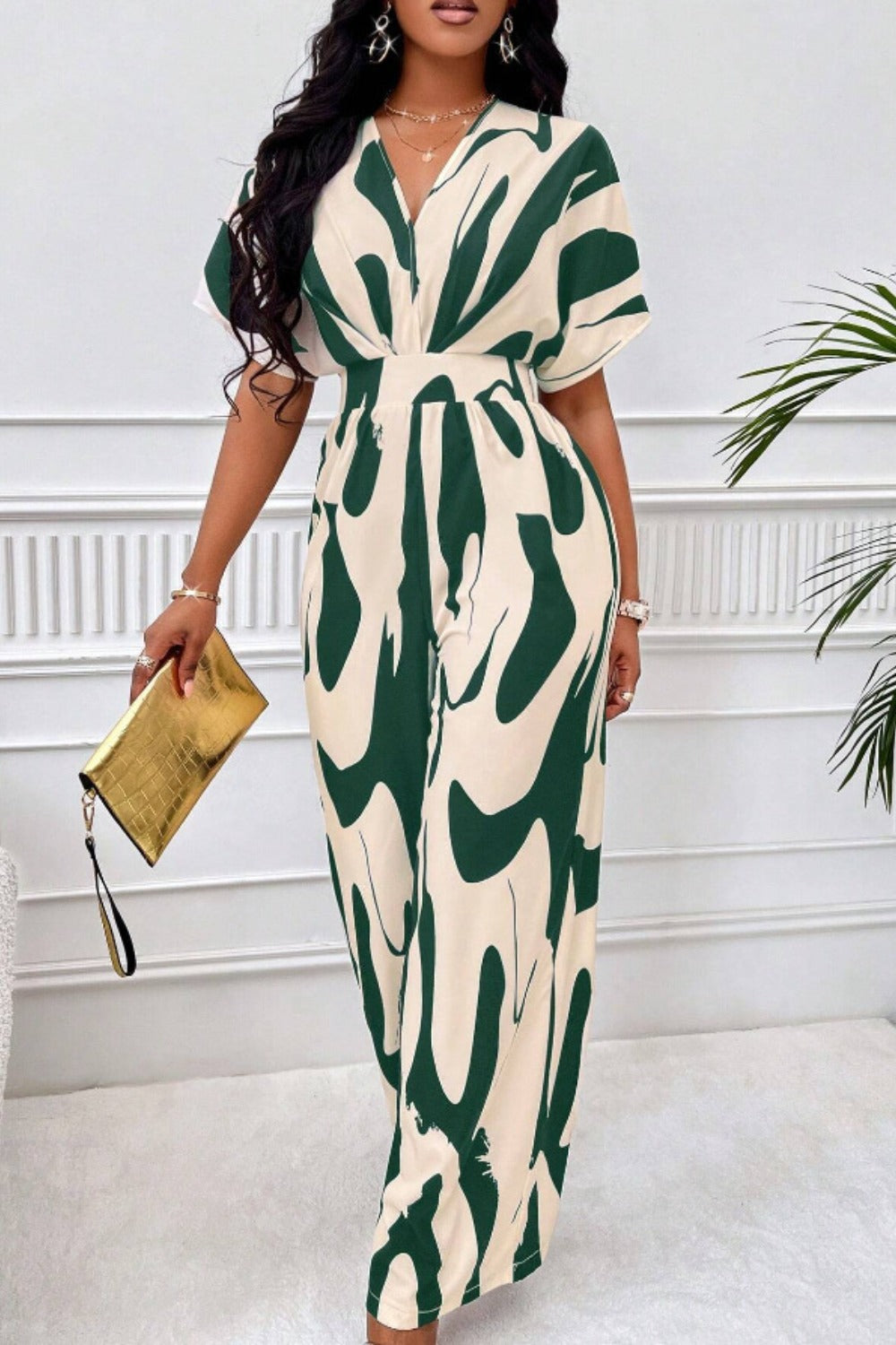 Printed V-Neck Short Sleeve Wide Leg Jumpsuit - Siennasass
