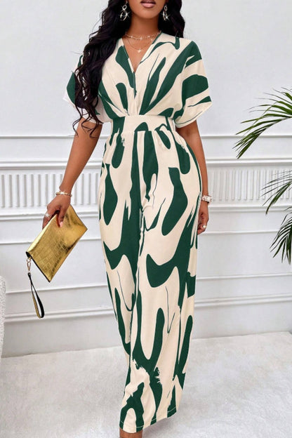 Printed V-Neck Short Sleeve Wide Leg Jumpsuit - Siennasass