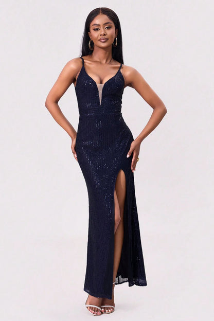 Rückenfreies Maxi-Cremekleid mit Schlitz und Pailletten