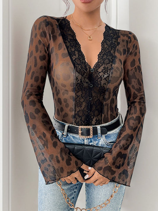 Perfee Leoparden-Bodysuit mit V-Ausschnitt und Spitze