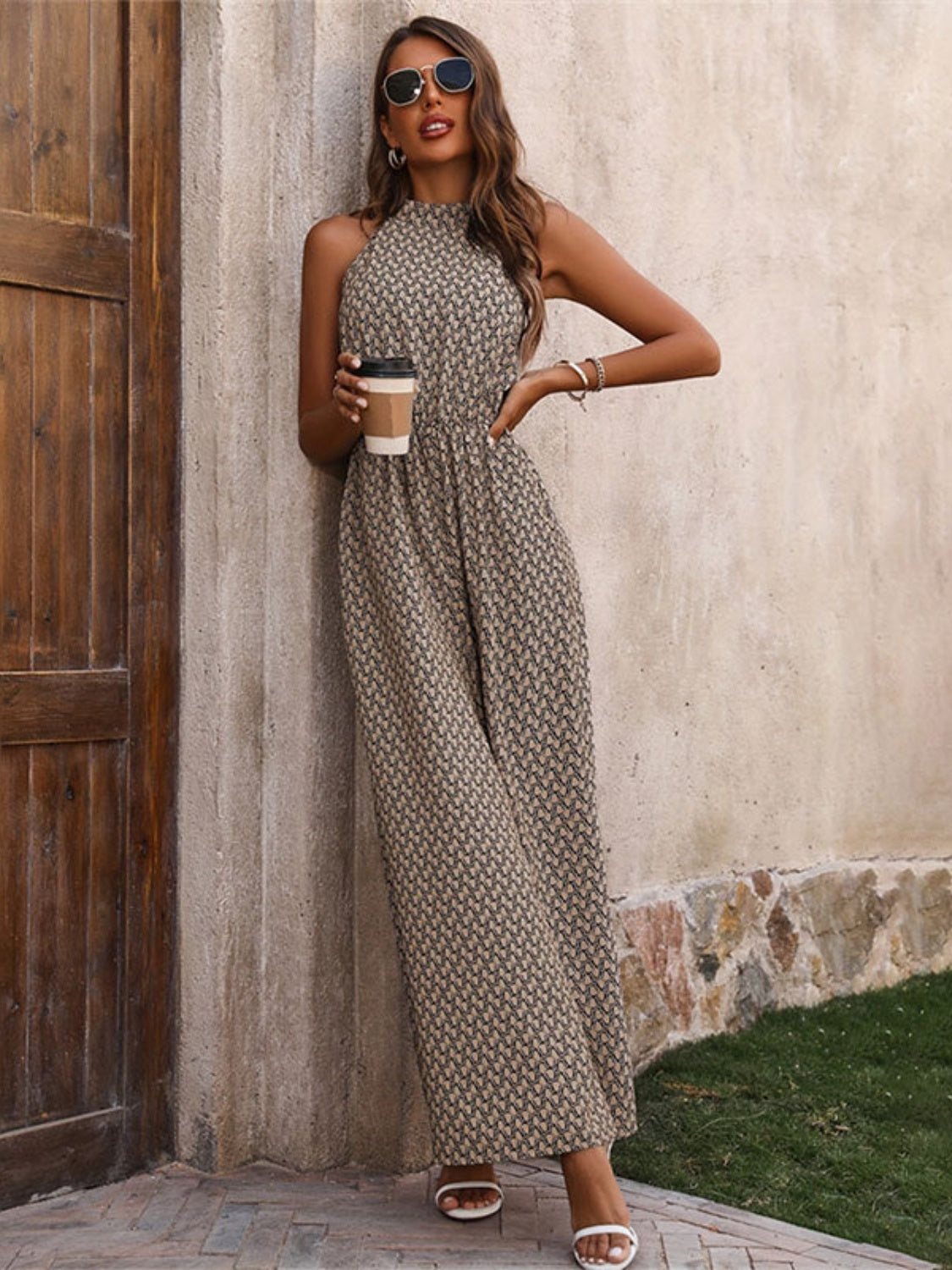 Printed Wide Leg Sleeveless Jumpsuit - Siennasass