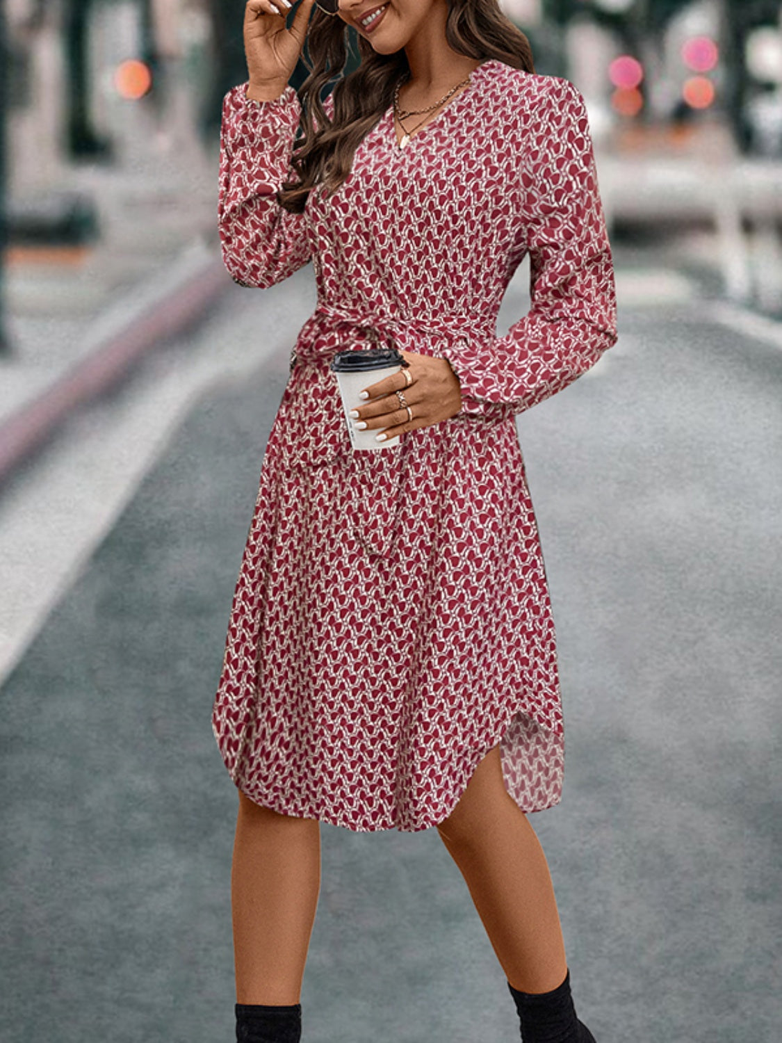 Tied Printed Notched Balloon Sleeve Dress - Siennasass