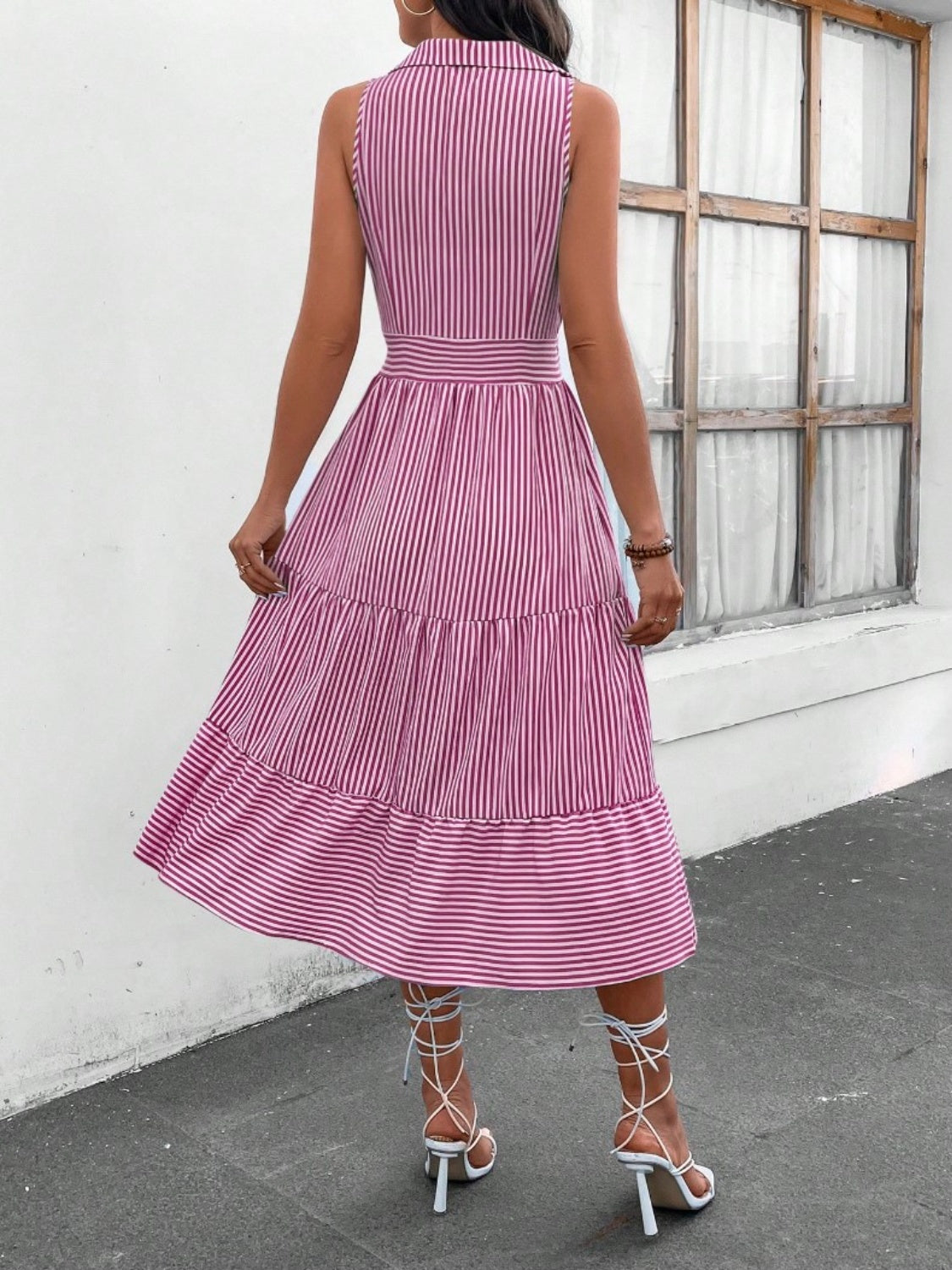 Striped Johnny Collar Sleeveless Midi Dress - Siennasass