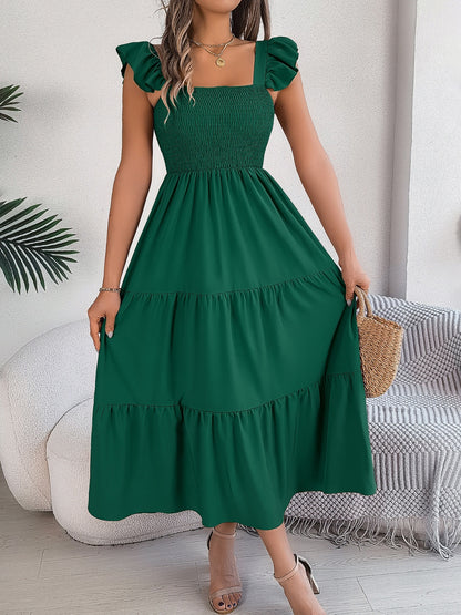 Smocked Square Neck Cap Sleeve Midi Dress - Siennasass