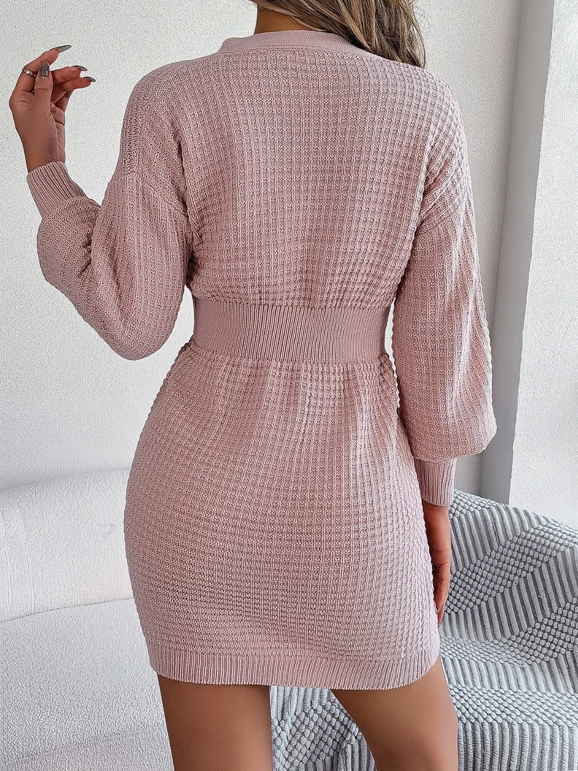 Buttoned Cable-Knit V-Neck Sweater Dress - Siennasass