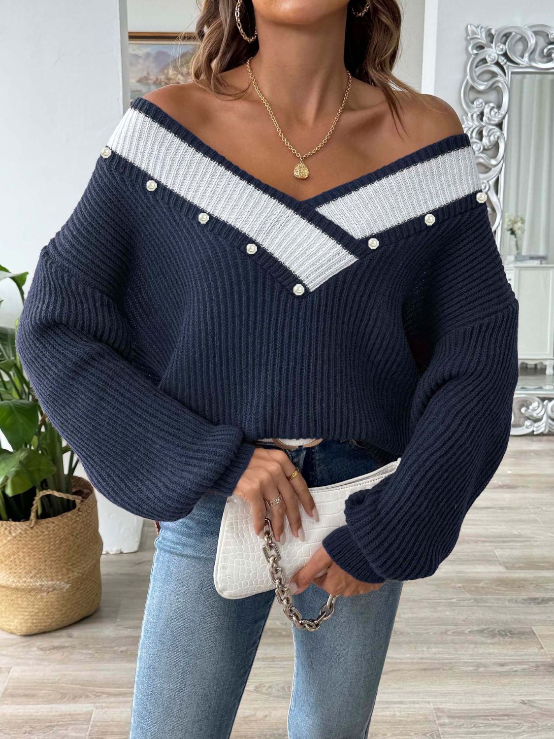 Contrast Trim Dropped Shoulder Long Sleeve Sweater - Siennasass