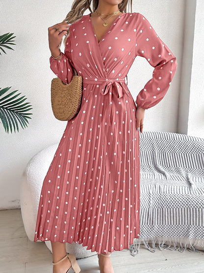 Tied Polka Dot Long Sleeve Midi Dress - Siennasass