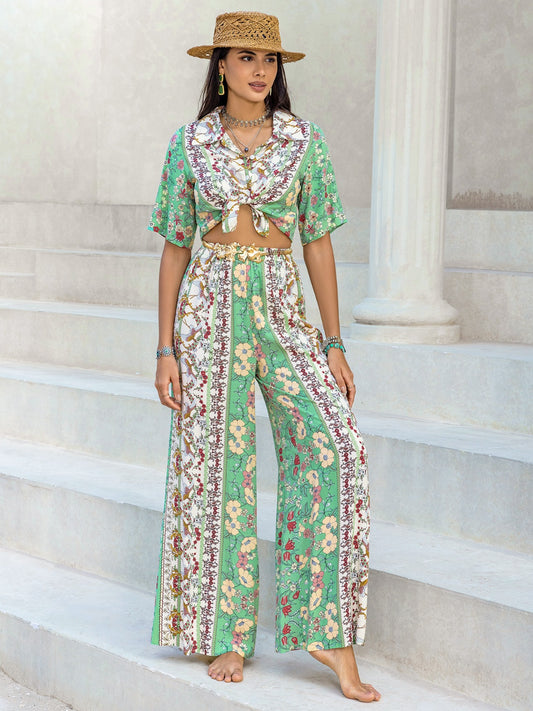 Printed Half Sleeve Top and Wide Leg Pants Set - Siennasass