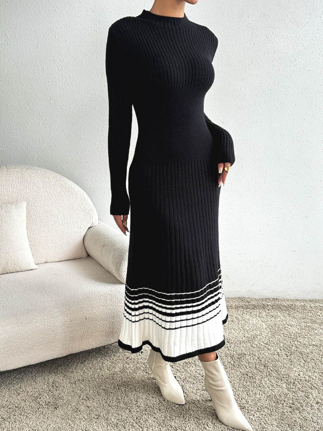 Contrast Mock Neck Long Sleeve Sweater Dress - Siennasass