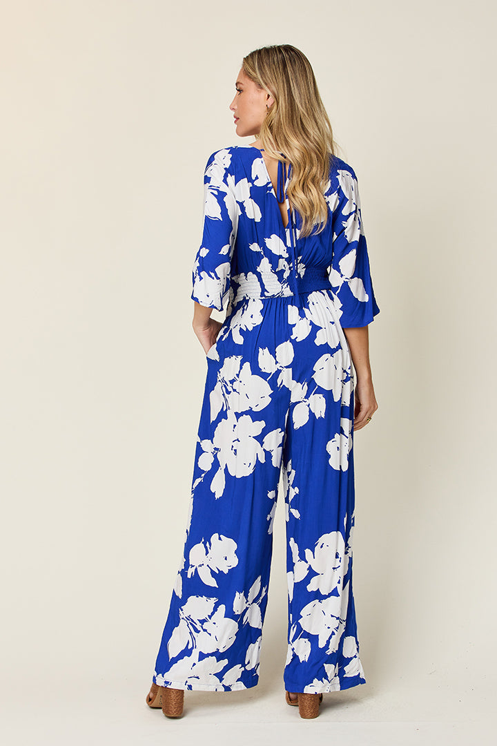 Double Take Full Size Printed Tie Back Wide Leg Jumpsuit - Siennasass