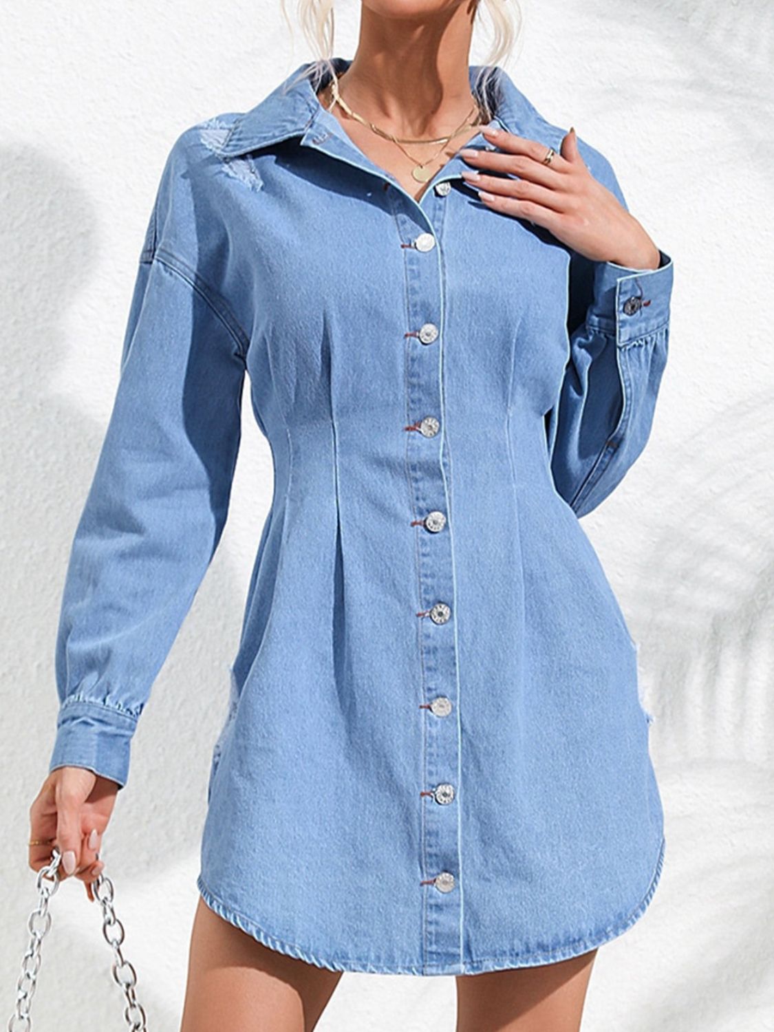 Distressed Button Up Long Sleeve Denim Dress - Siennasass