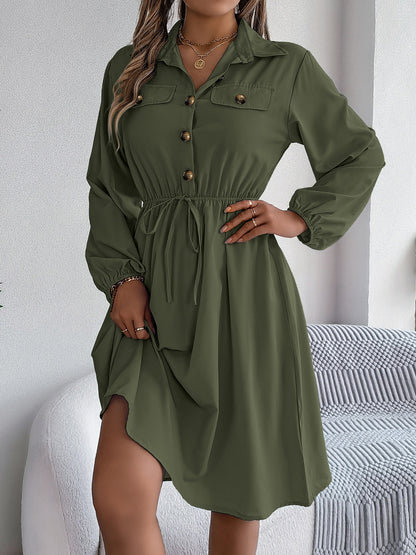 Collared Neck Long Sleeve Dress with Pockets - Siennasass