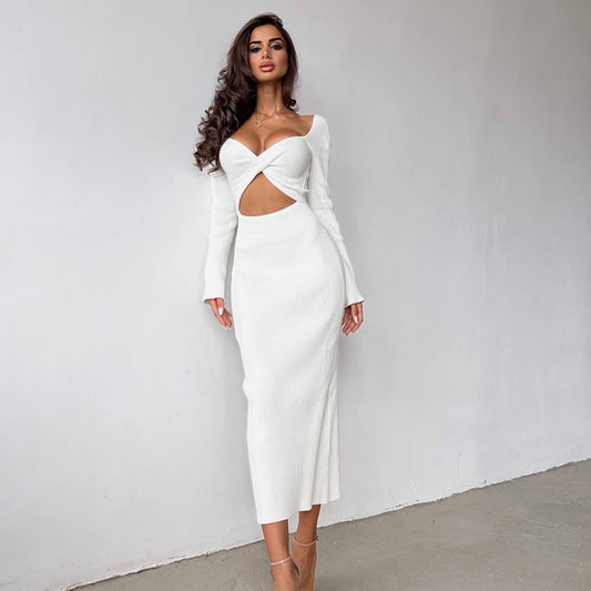 Einfarbiges, langärmliges, elegantes, schmal geschnittenes, hohles, rückenfreies Zwei-Wege-Kleid