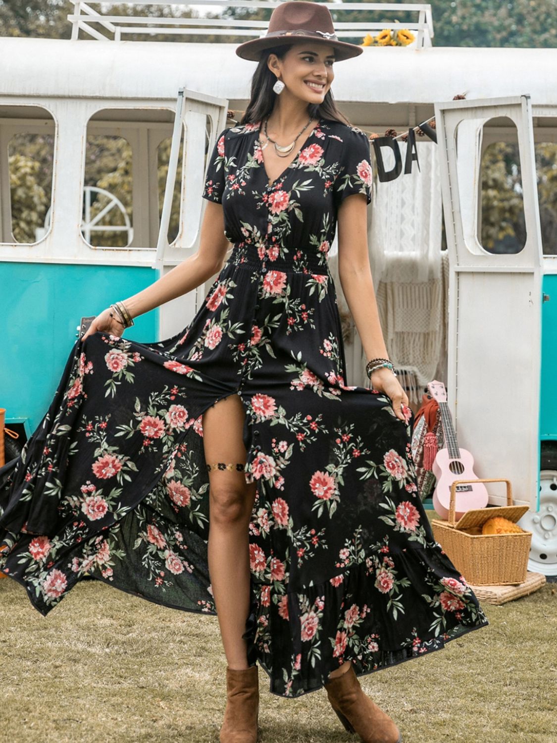 Split Printed V-Neck Short Sleeve Dress - Siennasass