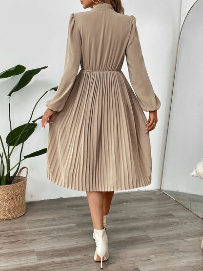 Perfee Pleated Tie Neck Long Sleeve Dress - Siennasass