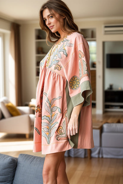 Printed V-Neck Three-Quarter Sleeve Mini Dress - Siennasass