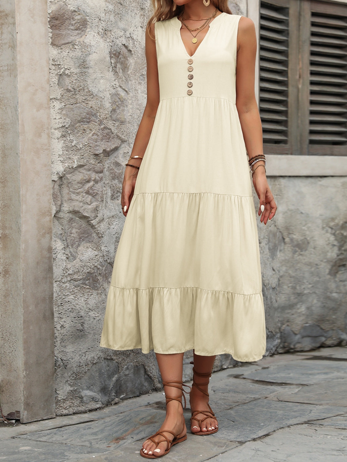 Decorative Button Notched Sleeveless Dress - Siennasass