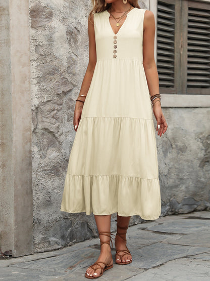 Decorative Button Notched Sleeveless Dress - Siennasass