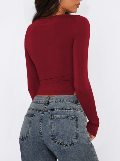 Tied Slit Round Neck Long Sleeve T-Shirt - Siennasass
