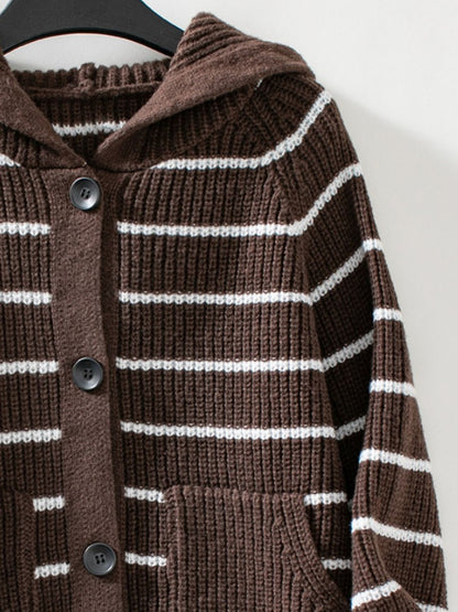 Striped Button Up Long Sleeve Hooded Cardigan - Siennasass