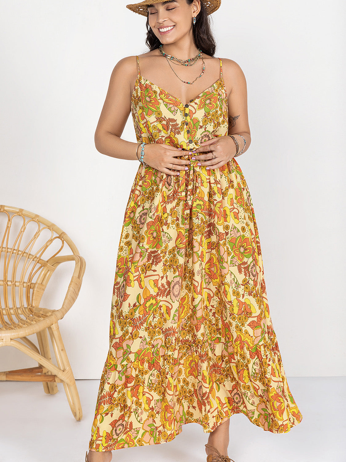 Plus Size Printed V-Neck Maxi Cami Dress - Siennasass