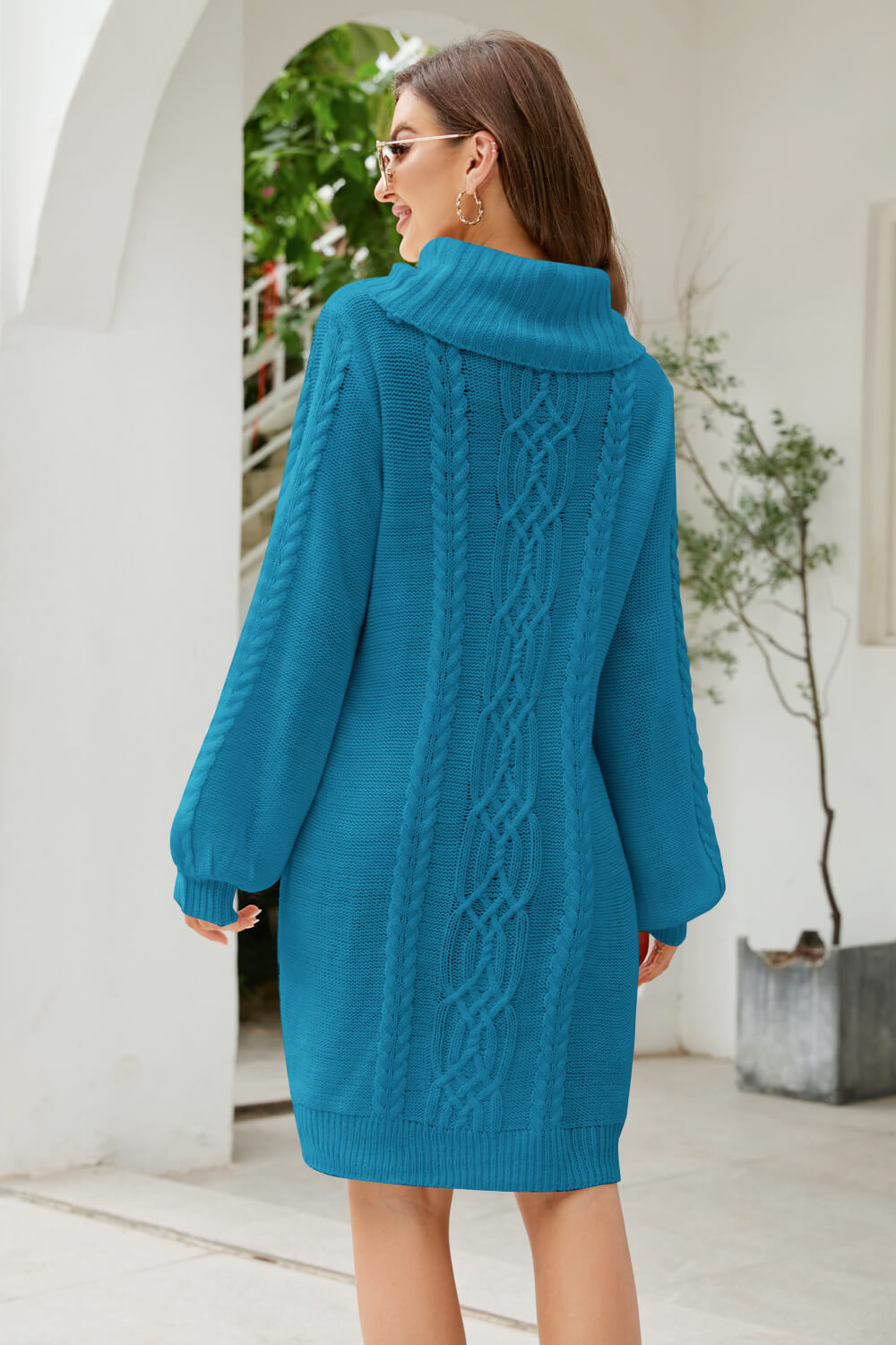 Woven Right Mixed Knit Turtleneck Lantern Sleeve Sweater Dress - Siennasass