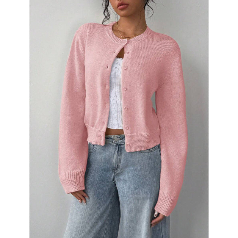 Chic Solid Color Slim Fit Short Cardigan Sweater - Long Sleeve Knit
